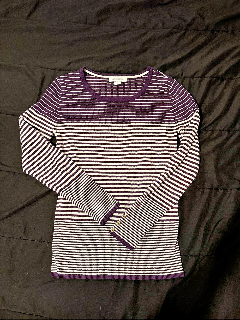 Liz Claiborne Striped Crew Neck Sweater in Purple & White Size Large